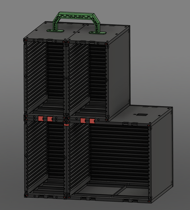 SlotCrate V2 slot car modules stacked and connected